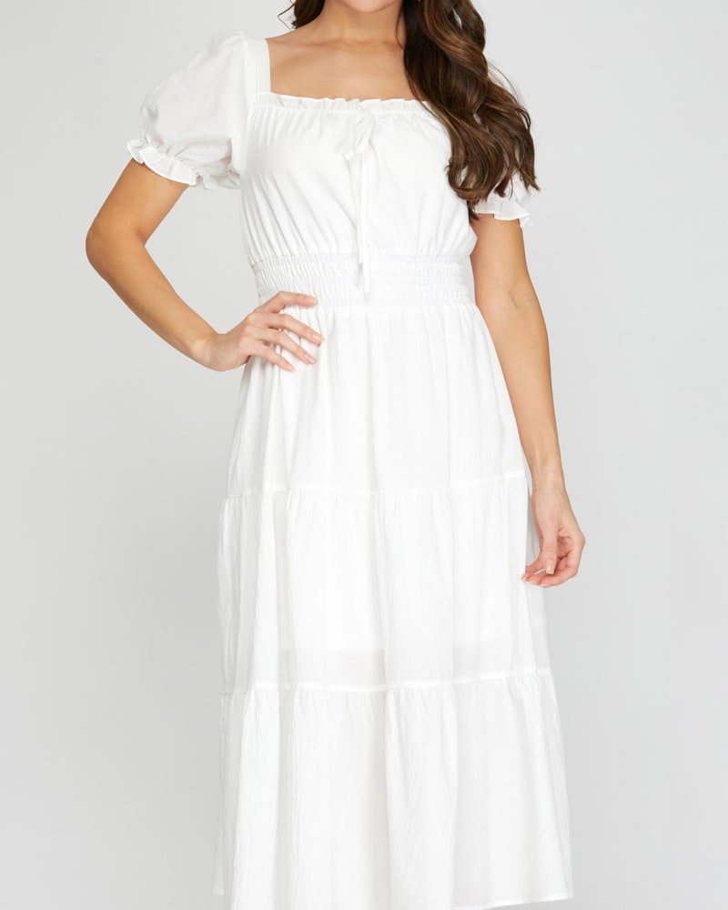 Front of a model wearing a size L Fitted Waist Solid Midi Dress In White in White by SHE + SKY. | dia_product_style_image_id:346646